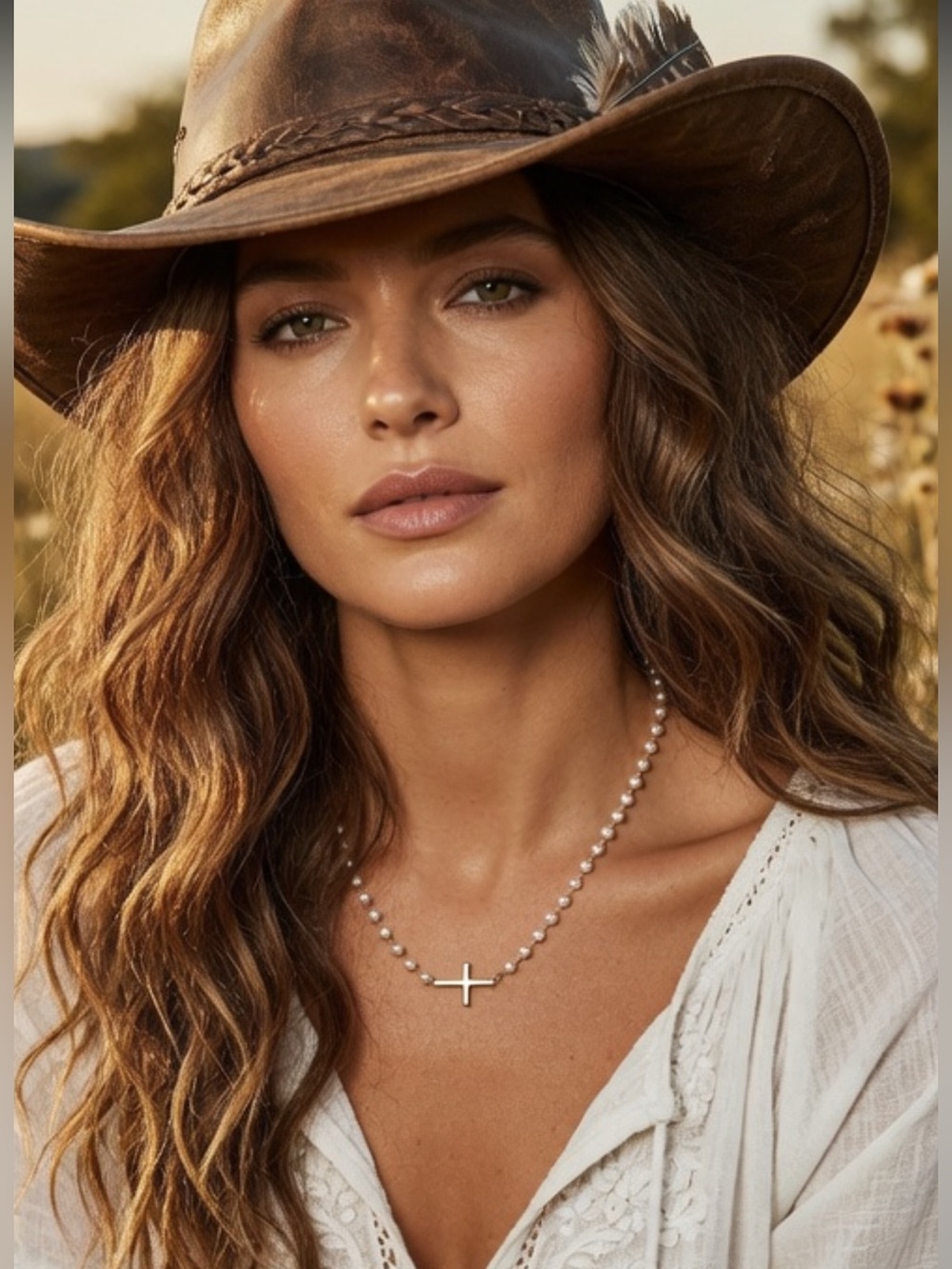 Free People Choker Cross Necklace layered Pearl western boho chain drop jewelry